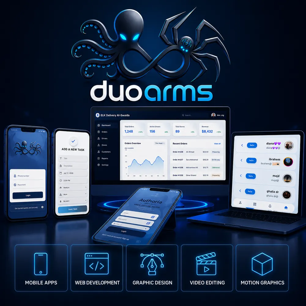 Duo Arms services: mobile apps, web development, graphic design, video editing and motion graphics